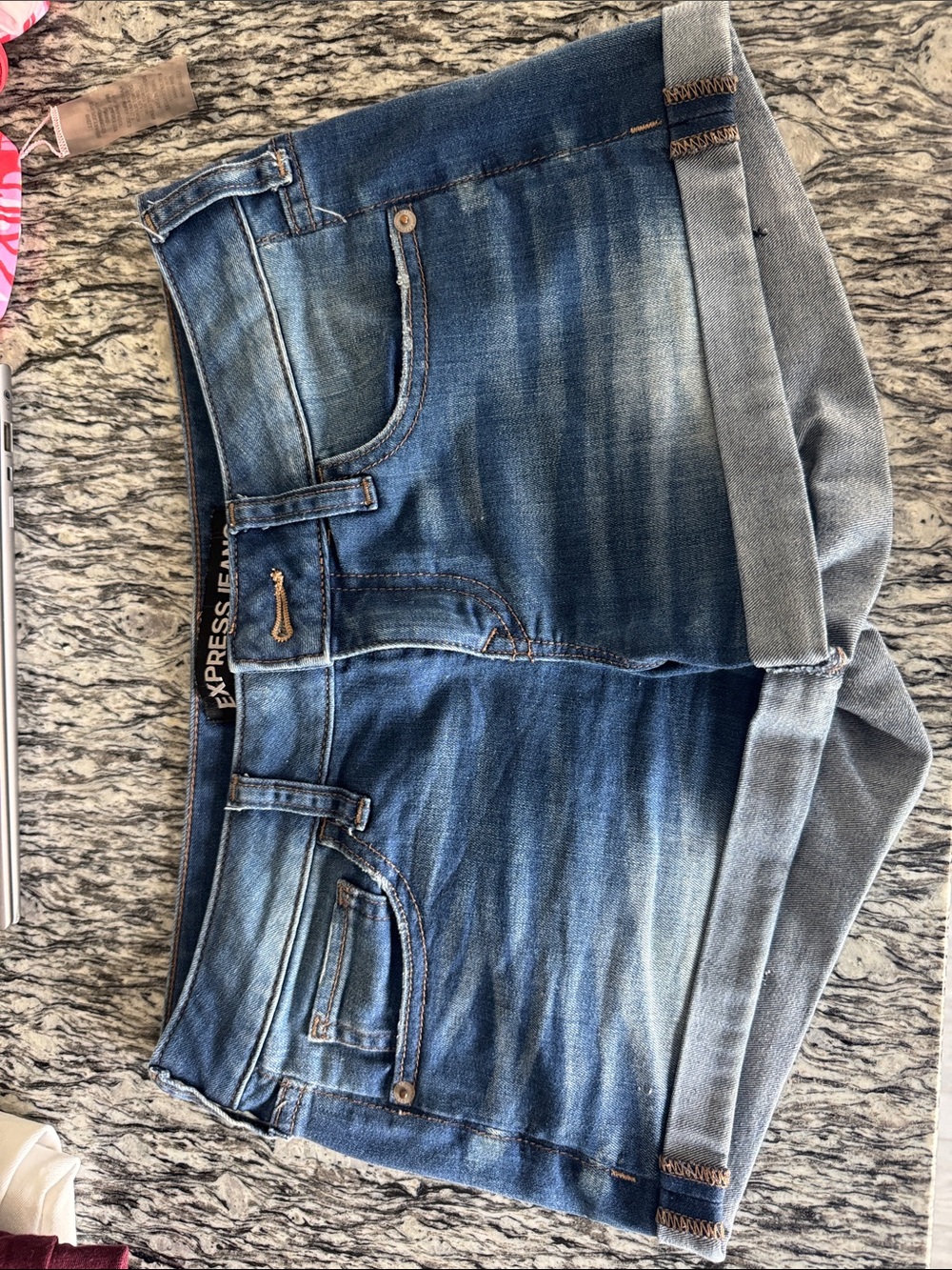 Express Women's Shortie Jean Shorts in Medium Blue Wash